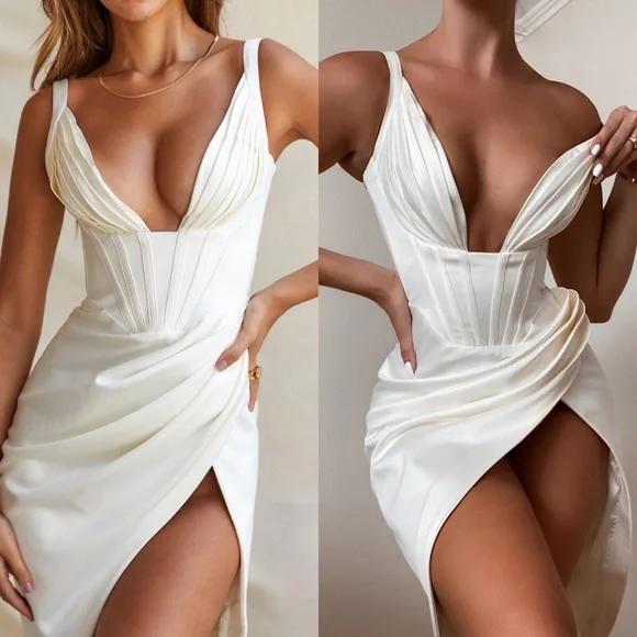 House of CB 'Faye' Ivory Satin Corset Midi Dress size small - Picture 2 of 14